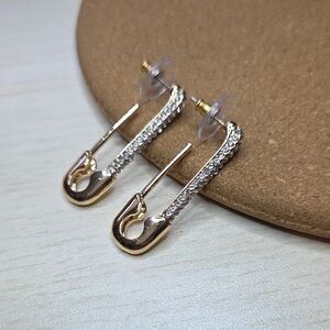Gold-Tone Safety Pin Stud Back Earrings w Sparkly Crystal Details